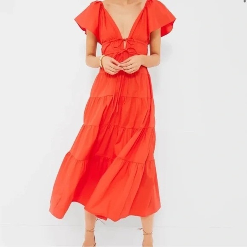O.P.T Anthro Fallen Tiered Midi Dress Women XL Flutter Sleeve Lace Up Cotton New